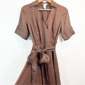 Tweeds Brown 100% Linen Midi/Maxi Faux Wrap Full Dress Size 6 Heritage Classic